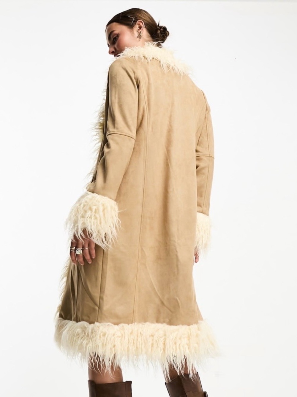70’s Suede Faux-Fur Trimmed Long Coat - Cream Tan